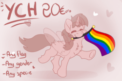 Size: 1500x1000 | Tagged: safe, artist:euspuche, derpibooru import, alicorn, earth pony, pegasus, unicorn, animated, commission, dancing, eyes closed, flag, gif, pride, pride flag, pride month, proud, smiling, text, walking, waving, your character here