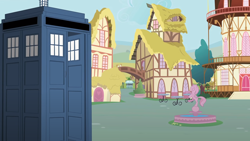Size: 1280x720 | Tagged: safe, artist:mlp-silver-quill, derpibooru import, after the fact, after the fact:testing testing 1 2 3, doctor who, fountain, no pony, ponyville, statue, tardis, town hall, tree