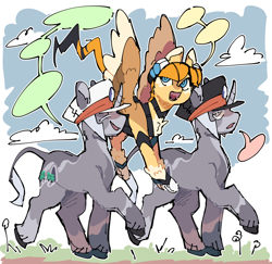 Size: 1280x1244 | Tagged: safe, artist:jiang-she, derpibooru import, pegasus, pony, unicorn, elesa, emmet, flying, grass, ingo, pokémon, ponified, sky, species swap, speech bubble, trio, walking