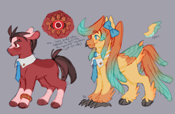 Size: 1280x837 | Tagged: safe, artist:jiang-she, derpibooru import, earth pony, hippogriff, pony, ace attorney, apollo justice, athena cykes, bow, bracelet, cloven hooves, duo, gray background, hippogriffied, jewelry, necktie, ponified, simple background, species swap