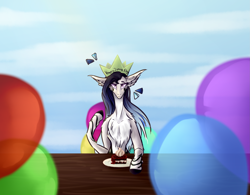 Size: 2707x2111 | Tagged: safe, artist:xanthiminora, derpibooru import, oc, oc only, earth pony, balloon, birthday, cake, chest fluff, coat markings, earth pony oc, food, hat, party hat, plate, solo