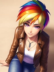 Size: 1020x1360 | Tagged: safe, ai content, derpibooru import, editor:sammykun, machine learning generated, rainbow dash, human, breasts, cleavage, clothes, denim, dog tags, female, high angle, humanized, jacket, jeans, jewelry, leather, leather jacket, lips, looking at you, looking up, looking up at you, necklace, pants, prompter:sammykun, shirt, short hair rainbow dash, simple background, sitting, smiling, solo