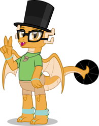 Size: 4000x5125 | Tagged: safe, artist:n0kkun, derpibooru import, oc, oc only, oc:myoozik the dragon, dragon, claws, clothes, dragon oc, fangs, glasses, hat, jewelry, leg band, male, non-pony oc, open mouth, scales, shirt, shorts, simple background, solo, t-shirt, tail, toe ring, top hat, transparent background, vector, wings
