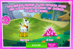 Size: 1962x1301 | Tagged: safe, derpibooru import, idw, king aspen, deer, advertisement, costs real money, english, gameloft, gem, horns, idw showified, male, mobile game, my little pony: magic princess, numbers, official, sale, solo, text
