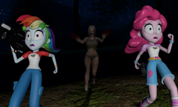 Size: 5120x3072 | Tagged: safe, artist:n3onh100, derpibooru import, pinkie pie, rainbow dash, human, undead, zombie, equestria girls, 3d, camera, camp everfree outfits, forest, gmod, left 4 dead, left 4 dead 2, night, video camera, witch (left 4 dead)