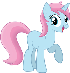 Size: 2445x2540 | Tagged: safe, artist:tankman, derpibooru import, oc, oc only, oc:water lilly, pony, unicorn, blue body, blue eyes, blue skin, female, happy, horn, looking at you, mare, open mouth, pink mane, pink tail, raised hoof, raised leg, simple background, smiling, solo, tail, transparent background