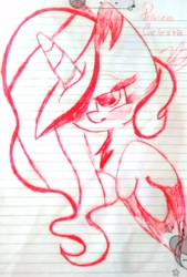 Size: 1371x2029 | Tagged: safe, artist:mynameislele, derpibooru import, part of a set, princess celestia, alicorn, pony, drunk, lined paper, sketch, solo, traditional art