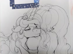 Size: 2048x1525 | Tagged: safe, artist:thelunarmoon, derpibooru import, princess celestia, alicorn, human, pony, duo, female, grayscale, hug, lidded eyes, mare, monochrome, petting, traditional art