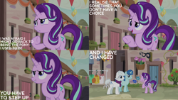 Size: 2000x1125 | Tagged: safe, derpibooru import, edit, edited screencap, editor:quoterific, screencap, double diamond, party favor, starlight glimmer, to where and back again, our town