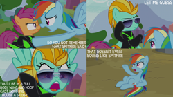 Size: 2000x1125 | Tagged: safe, derpibooru import, edit, edited screencap, editor:quoterific, screencap, lightning dust, rainbow dash, scootaloo, the washouts (episode), sunglasses