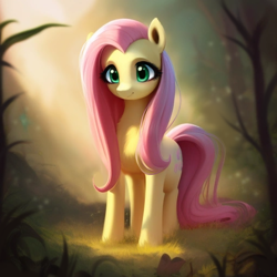 Size: 512x512 | Tagged: safe, ai content, derpibooru import, generator:purplesmart.ai, generator:stable diffusion, machine learning assisted, machine learning generated, fluttershy, earth pony, pony, big eyes, blushing, cute, ear fluff, ears, fluffy, forest, grass, green eyes, pink mane, prompter:saltyvity, shyabetes, smiley face, smiling, solo, sparkles
