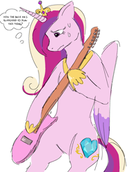 Size: 1342x1795 | Tagged: safe, artist:reponer, derpibooru import, princess cadance, alicorn, pony, bipedal, colored, description is relevant, dialogue, electric guitar, flat colors, guitar, musical instrument, simple background, solo, thought bubble, white background, worried