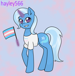 Size: 2193x2210 | Tagged: safe, artist:hayley566, derpibooru import, trixie, pony, unicorn, clothes, cute, diatrixes, female, glowing, glowing horn, grin, horn, magic, mare, pride, pride flag, shirt, smiling, solo, t-shirt, trans female, trans trixie, transgender, transgender pride flag