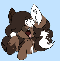 Size: 998x1022 | Tagged: safe, artist:woofpoods, derpibooru import, oc, oc:hushknack, cow, earth pony, pony, brown hair, cowpony, curly hair, derp, ear fluff, ears, male, stallion, white hair