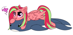 Size: 2145x1041 | Tagged: safe, artist:dimur, derpibooru import, oc, oc only, oc:feather nib, pegasus, pony, shark, female, heart, lying down, mare, pegasus oc, plushie, shark plushie, simple background, transparent background, two toned mane