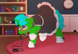 Size: 4040x2827 | Tagged: safe, artist:cornelia_nelson, derpibooru import, oc, oc:green byte, pony, unicorn, blushing, clothes, collar, commission, crossdressing, maid, male, stallion, ych result