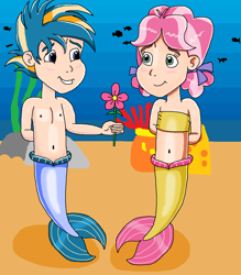 Size: 894x1019 | Tagged: safe, artist:ocean lover, derpibooru import, kettle corn, skeedaddle, fish, human, mermaid, bandeau, bare shoulders, bashful, belly, belly button, blushing, bow, child, children, coral, cute, duo, duo male and female, female, fins, fish tail, flower, hand behind back, happy, human coloration, humanized, in love, innocent, kedaddle, kettlebetes, kids, looking at each other, looking at someone, male, male nipples, merboy, mermaid lovers, mermaid tail, mermaidized, merman, mermay, midriff, ms paint, nipples, ocean, ribbon bow tie, sand, shipping, shipping fuel, skeedorable, sleeveless, smiling, smiling at each other, species swap, straight, tail, tail fin, two toned hair, underwater, water