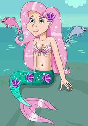 Size: 1065x1528 | Tagged: safe, artist:ocean lover, derpibooru import, fluttershy, dolphin, human, mermaid, animal, bare shoulders, bashful, beach, beautiful, beautiful eyes, beautiful hair, belly, belly button, blue eyes, boulder, bra, clothes, cloud, curvy, cute, fish tail, friendly, girly girl, hair ornament, hourglass figure, human coloration, humanized, innocent, jumping, kindness, light skin, long hair, looking at you, mammal, mermaid tail, mermaidized, mermay, midriff, ms paint, nice, ocean, outdoors, pink hair, pose, pretty, rock, seashell, seashell bra, shiny skin, shy, shyabetes, sitting, sky, sleeveless, smiling, smiling at you, species swap, splash, tail, underwear, water, wave