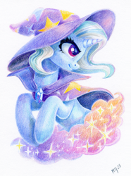 Size: 1103x1484 | Tagged: safe, artist:maytee, derpibooru import, trixie, pony, unicorn, bust, cape, clothes, colored pencil drawing, hat, portrait, profile, solo, traditional art, trixie's cape, trixie's hat