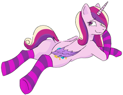 Size: 1447x1117 | Tagged: safe, artist:reponer, derpibooru import, princess cadance, alicorn, pony, bangs, butt, clothes, female, horn, looking back, lying down, one eye covered, pink fur, plot, simple background, socks, solo, striped socks, sultry pose, transparent, transparent background, wings