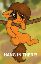 Size: 1121x1737 | Tagged: safe, artist:marsminer, derpibooru import, oc, oc only, oc:venus spring, pony, adorable distress, cute, ears, floppy ears, hang in there, hanging, rope, solo