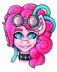 Size: 3243x4096 | Tagged: safe, artist:elusivepurple, derpibooru import, pinkie pie, earth pony, bust, choker, cyberpunk, ear piercing, earring, goggles, goggles on head, jewelry, looking at you, piercing, simple background, smiling, solo, spiked choker, white background