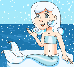 Size: 853x781 | Tagged: safe, artist:ocean lover, derpibooru import, oc, oc only, oc:snowdrop, human, mermaid, arctic, bandeau, bare shoulders, belly, belly button, blind, blue eyes, child, cute, female, fins, fish tail, friendly, happy, human coloration, humanized, ice, innocent, light skin, looking up, mermaid tail, mermaidized, mermay, midriff, ms paint, ocean, open mouth, outdoors, shadow, sitting, sky, snow, snowflake, solo, species swap, tail, tail fin, two toned hair, water, white hair, winter