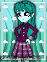 Size: 768x1024 | Tagged: safe, artist:rainbowstarcolour262, derpibooru import, part of a series, part of a set, cold forecast, human, series:equ wallpapers, equestria girls, friendship games, abstract background, background human, bowtie, clothes, crystal prep academy uniform, crystal prep shadowbolts, cutie mark, cutie mark background, eyeshadow, female, hand on hip, makeup, plaid skirt, pleated skirt, purple eyes, school uniform, shirt, signature, skirt, solo