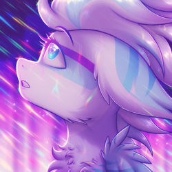 Size: 2500x2500 | Tagged: safe, artist:shad0w-galaxy, derpibooru import, oc, oc only, oc:glacier prism, pegasus, pony, body markings, bust, chest fluff, city, commission, ear fluff, ears, female, fluffy, high res, looking up, mare, neon, portrait, rain, solo, ych result