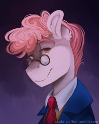 Size: 1283x1611 | Tagged: safe, artist:cyanocitta-blattidae, derpibooru import, svengallop, earth pony, pony, abstract background, clothes, glasses, male, necktie, smiling, smirk, solo, stallion
