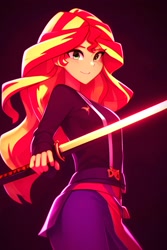 Size: 2048x3072 | Tagged: safe, ai content, derpibooru import, editor:lerkyboy, generator:purplesmart.ai, generator:stable diffusion, machine learning assisted, machine learning generated, sunset shimmer, human, equestria girls, female, geta, katana, looking at you, ninja, smiling, smiling at you, solo, sword, weapon