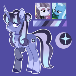 Size: 1280x1280 | Tagged: safe, artist:glowfangs, derpibooru import, oc, pony, unicorn, adoptable, color palette, crack ship offspring, curved horn, cutie mark, horn, jewelry, necklace, offspring, parent:inky rose, parent:trixie, purple background, simple background, solo, unicorn oc, unnamed oc