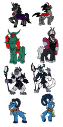 Size: 1000x2000 | Tagged: safe, artist:zetikoopa, derpibooru import, grogar, king sombra, lord tirek, storm king, tirac, centaur, pony, sheep, taur, unicorn, g1, g4, my little pony: the movie, bell, g4 to g1, generation leap, grogar (g1), grogar's bell, male, raised hoof, raised leg, ram, simple background, staff, staff of sacanas, stallion, storm creature, transparent background