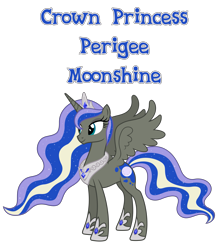 Size: 4239x4824 | Tagged: source needed, safe, anonymous artist, derpibooru import, oc, oc only, oc:crown princess perigee moonshine, alicorn, pony, absurd resolution, alicorn oc, closed mouth, crown, crown princess, ethereal mane, ethereal tail, eyelashes, eyes open, eyeshadow, female, happy, hoof shoes, horn, jewelry, makeup, mare, mare of the moon, name, nostrils, offspring, parent:king equus, parent:princess luna, parents:canon x oc, parents:equuna, pony oc, princess, product of incest, regalia, royalty, simple background, smiling, solo, spread wings, tail, text, transparent background, wings