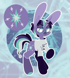 Size: 1280x1414 | Tagged: safe, artist:glowfangs, derpibooru import, twilight sparkle, unicorn twilight, pony, unicorn, alternate cutie mark, alternate design, alternate universe, alternate versions at source, big ears, clothes, ears, glasses, gloves, lab coat, latex, latex gloves, mad scientist, male, solo, stubble