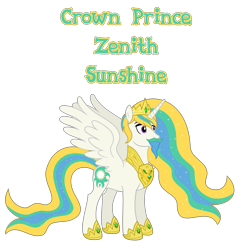 Size: 4577x4823 | Tagged: source needed, safe, anonymous artist, derpibooru import, oc, oc only, oc:crown prince zenith sunshine, alicorn, pony, absurd resolution, alicorn oc, beard, closed mouth, crown, crown prince, ethereal mane, ethereal tail, eyebrows, eyes open, facial hair, goatee, hoof shoes, horn, jewelry, male, moustache, name, offspring, parent:king equus, parent:princess celestia, parents:canon x oc, parents:celequus, pony oc, prince, product of incest, regalia, royalty, simple background, solo, spread wings, stallion, tail, text, transparent background, wings