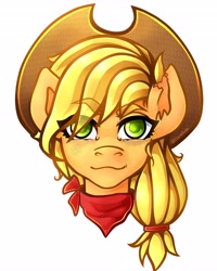 Size: 3277x4096 | Tagged: safe, artist:elusivepurple, derpibooru import, applejack, earth pony, pony, :3, bust, eye clipping through hair, eyebrows, eyebrows visible through hair, looking at you, neckerchief, portrait, simple background, smiling, solo, white background