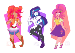 Size: 1280x894 | Tagged: safe, artist:selena marchetti, derpibooru import, human, equestria girls, g4, boots, bracelet, clothes, freckles, fusion, fusion:applejack, fusion:fluttershy, fusion:pinkie pie, fusion:rainbow dash, fusion:rarity, fusion:twilight sparkle, gloves, hairclip, humanized, jacket, jewelry, pants, pony coloring, shirt, shoes, shorts, signature, simple background, skirt, socks, trio, white background