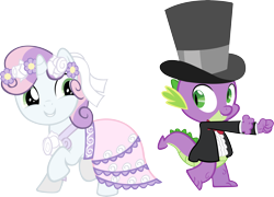 Size: 8422x6075 | Tagged: safe, derpibooru import, spike, sweetie belle, dragon, pony, unicorn, a canterlot wedding, season 2, clothes, cute, dancing, diasweetes, dress, duo, female, filly, foal, happy, looking at each other, looking at someone, male, simple background, smiling, spikabetes, transparent background, tuxedo, vector, wedding dress