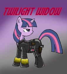 Size: 1000x1096 | Tagged: safe, artist:kenichi-shinigami, derpibooru import, twilight sparkle, black widow (marvel), crossover, gradient background, marvel, solo