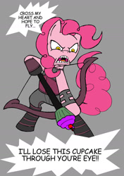 Size: 1200x1705 | Tagged: safe, artist:kenichi-shinigami, derpibooru import, pinkie pie, crossover, cupcake, food, hawkeye, marvel, misspelling