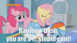 Size: 520x293 | Tagged: safe, edit, edited screencap, screencap, fluttershy, pinkie pie, rainbow dash, tank, tanks for the memories, abuse, animated, crying, dashabuse, flutterbitch, gif, insult, sad, verbal abuse, vulgar