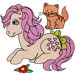 Size: 311x310 | Tagged: safe, derpibooru import, peachy, twinkles, cat, earth pony, pony, g1, bow, cute, flower, g1betes, lying down, peachybetes, pink mane, simple background, solo, tail, tail bow, transparent background