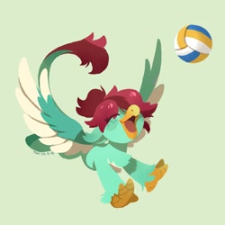 Size: 1288x1288 | Tagged: safe, artist:drtuo4, derpibooru import, oc, oc only, oc:hahli kailani, hippogriff, ball, eyes closed, green background, happy, open mouth, open smile, simple background, smiling, solo, sports, spread wings, volleyball, wings