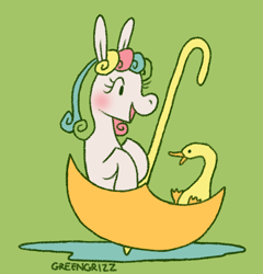 Size: 838x874 | Tagged: safe, artist:greengrizz, derpibooru import, pony, g1, green background, puddle, quackers, simple background, solo, umbrella