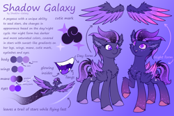 Size: 4500x3000 | Tagged: safe, artist:shad0w-galaxy, derpibooru import, oc, oc only, oc:shadow galaxy, pegasus, pony, alternate design, chest fluff, colored wings, cute, ear fluff, ears, ethereal mane, fangs, female, flight trail, floating wings, flying, folded wings, gradient background, gradient hooves, gradient mane, gradient tail, gradient wings, high res, hooves, mare, multeity, multicolored hair, open mouth, purple eyes, purple insides, raised hoof, raised leg, reference sheet, remastered, smiling, solo, speed trail, spread wings, starry eyes, starry mane, starry wings, tail, text, unshorn fetlocks, wingding eyes, wings