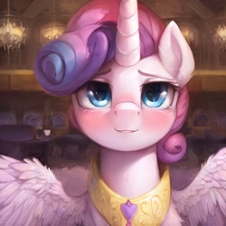 Size: 2560x2560 | Tagged: safe, ai content, derpibooru import, generator:novelai, generator:stable diffusion, machine learning generated, princess flurry heart, alicorn, pony, blushing, bust, cute, female, high res, horn, indoors, jewelry, lidded eyes, looking at you, mare, older, older flurry heart, portrait, prompter:endless--, regalia, smiling, smiling at you, solo, spread wings, wings