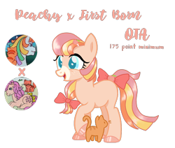 Size: 1806x1529 | Tagged: safe, artist:vernorexia, derpibooru import, twinkles, oc, cat, earth pony, pony, g1, g4, adoptable, adoptable open, bangs, base used, bow, colored hooves, food, hair bow, hairclip, hairpin, magical lesbian spawn, multicolored mane, offspring, parent:first born, parent:peachy, parents:peachyborn, peach, simple background, solo focus, tail, tail bow, transparent background