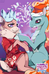 Size: 4000x6000 | Tagged: safe, artist:stercore_murum, derpibooru import, tianhuo, velvet reindeer, deer, dragon, hybrid, longma, reindeer, art pack:hooves n' holidays, them's fightin' herds, clothes, community related, dress, duo, female, mane of fire, tail, tail of fire