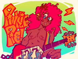 Size: 1024x768 | Tagged: safe, artist:glorioustragedykid, derpibooru import, pinkie pie, human, blue eyes, clothes, dark skin, ear piercing, electric guitar, freckles, gradient background, guitar, guitar pick, humanized, lip piercing, male, musical instrument, nudity, painted nails, pants, partial nudity, piercing, pink hair, scar, solo, surgery scar, sweat, sweatdrops, sweatpants, top scars, topless, trans male, transgender